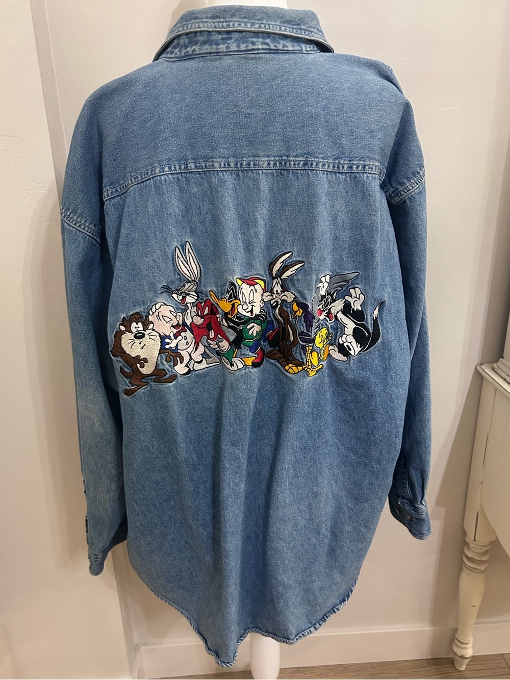 Vintage 1993 Oversized Denim Jacket with Embroidered Looney Tunes Characters